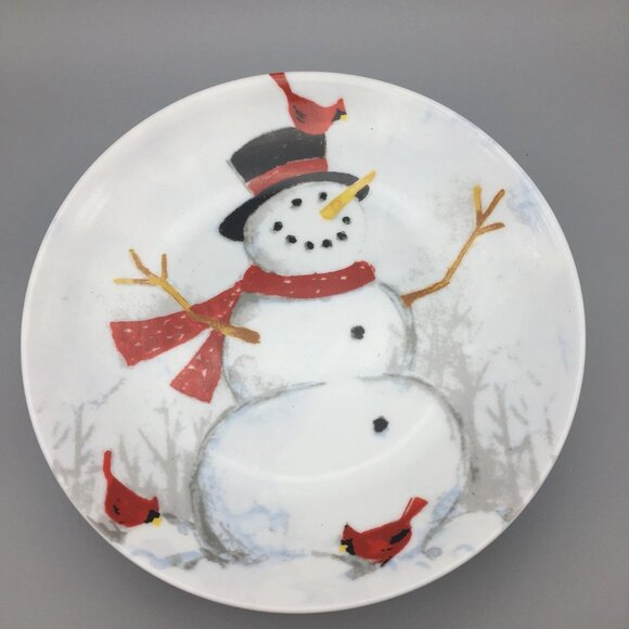 x4 222 FIFTH Winter Cheer Appetizer Plate Set Snowman Red Cardinal Christmas NEW - Picture 2 of 7